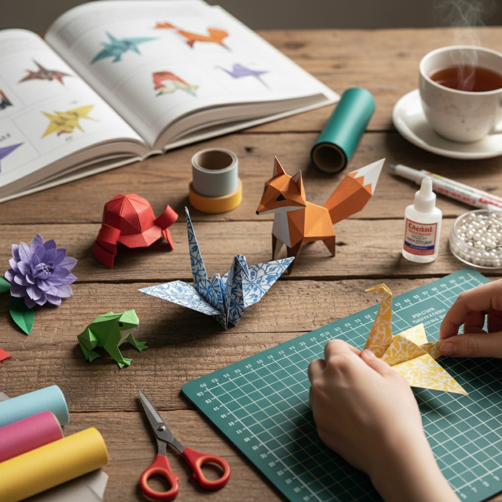 A person folds a yellow paper crane on a green cutting mat on a wooden table surrounded by other paper crafts, crafting supplies, an open instruction book, and a cup of tea.