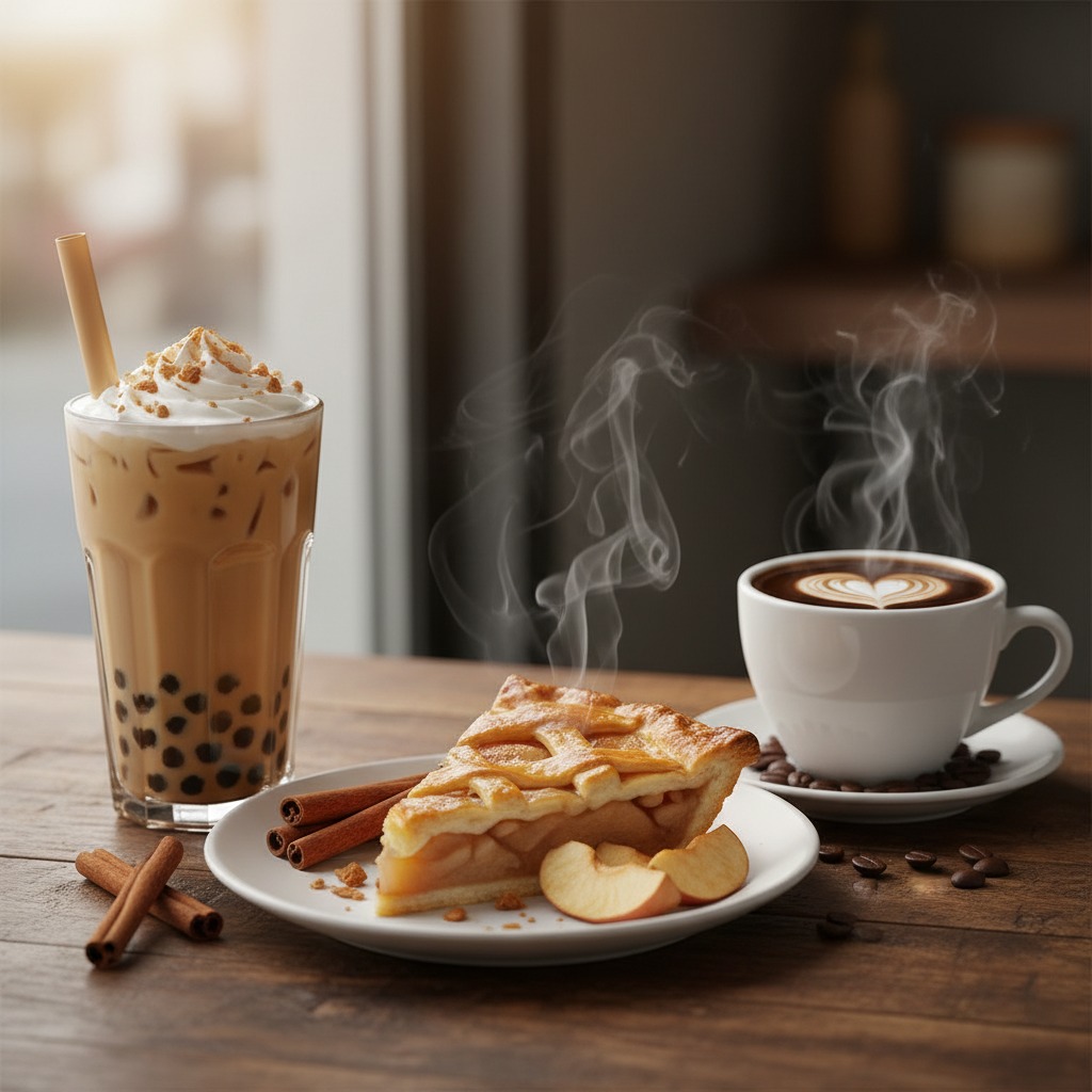 A slice of apple pie rests on a plate with cinnamon sticks, next to a tall glass of iced boba tea and a steaming cup of coffee.